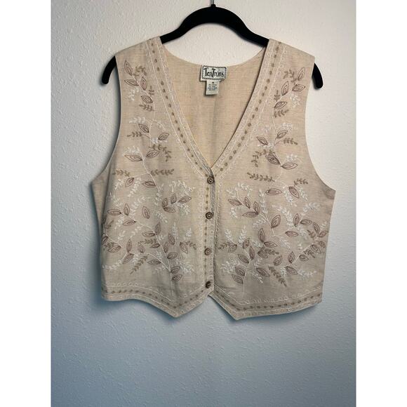 Tantrums Jackets & Blazers - Vtg 90s Y2K Tantrums Linen Blend Floral Vest Embroidered Cottagecore Size M